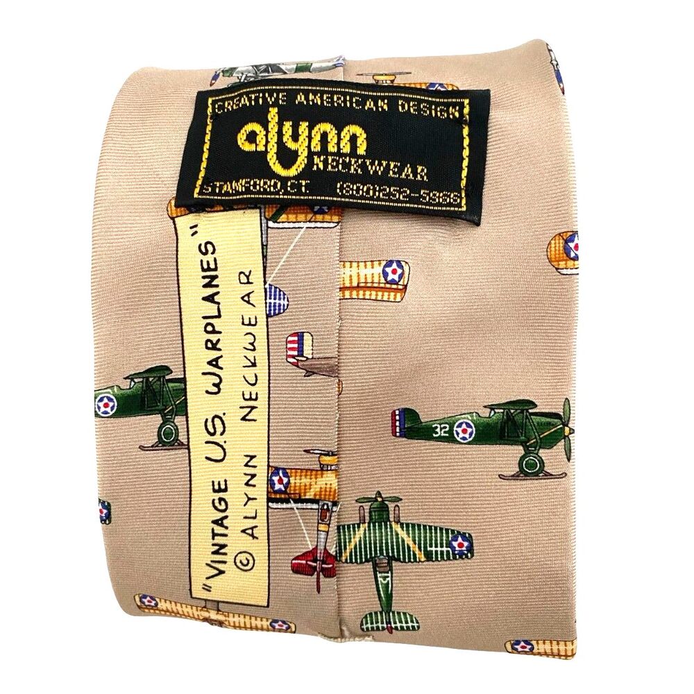 Vintage Alynn Neckwear Tie Silk US Warplanes Tan 1980s WWII Aviation Men Novelty
